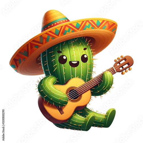 Cactus with Sombrero Playing Guitar – Cinco de Mayo Illustration isolated on transparent background