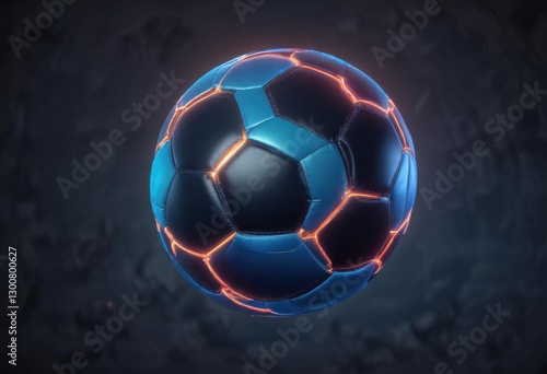 Glowing neon soccer ball suspended in mid-air over dark blue background,  modern,  urban,  night scene