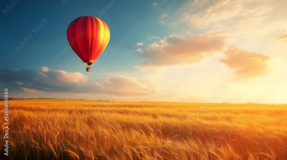 Obraz premium A hot air balloon floating above a golden wheat field.