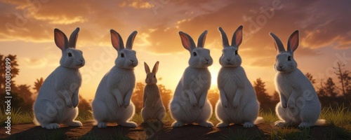 Group of rabbits standing against a sunset backdrop , rabbits,  wildlife,  forest