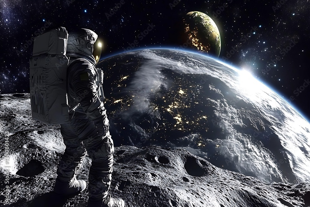 Fototapeta premium An astronaut standing on a lunar surface gazing at earth and other planets