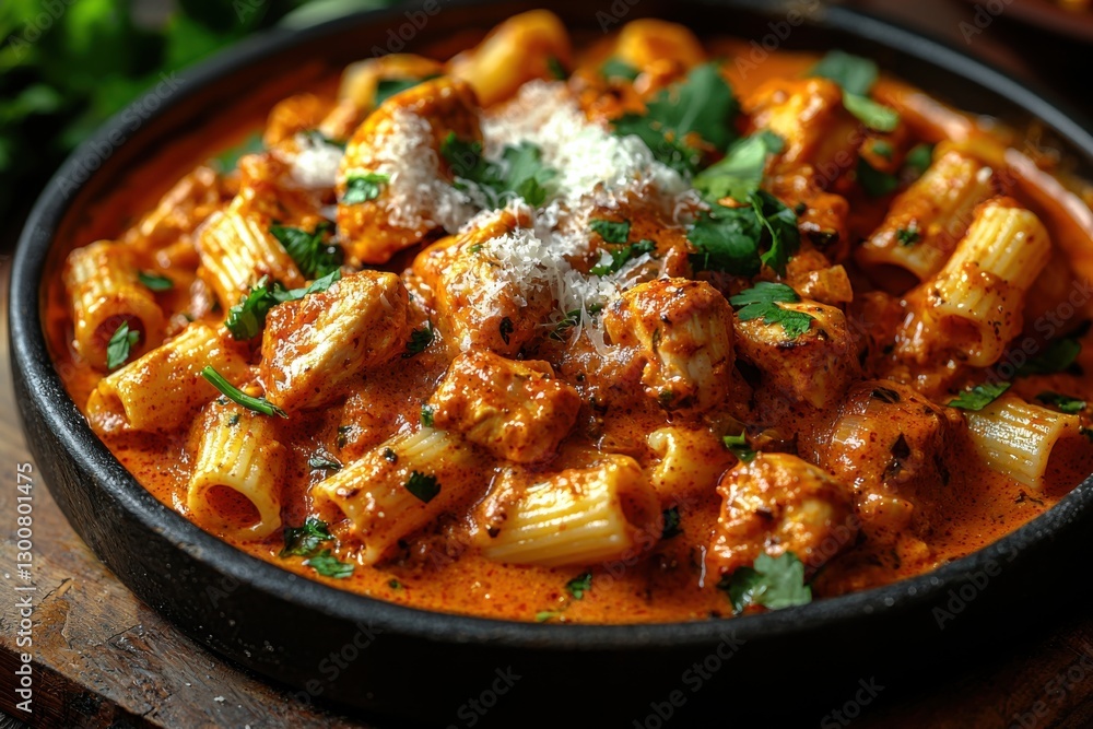 Creamy rigatoni pasta with chicken and herbs served in a rustic bowl, highlighted by fresh parsley and shredded cheese Creamy rigatoni pasta with chicken and herbs served in a rustic bowl, highlighted by fresh parsley and shredded cheese
