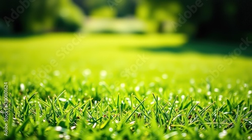 Sunlit Green Grass: Fresh Summer Lawn with Bright Sunlight and Natural Texture