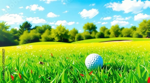Golf Ball on Green Grass: Scenic Golf Course Landscape for Outdoor Sport and Recreation