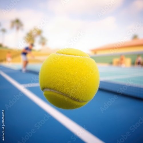 Close-Up of a Tennis Ball in Motion on a Blue Court During an Outdoor Match