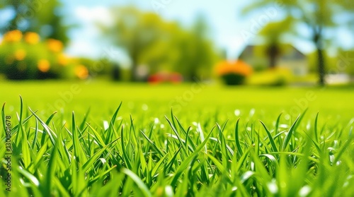 Sunlit Green Grass: Fresh Summer Lawn with Bright Sunlight and Natural Texture
