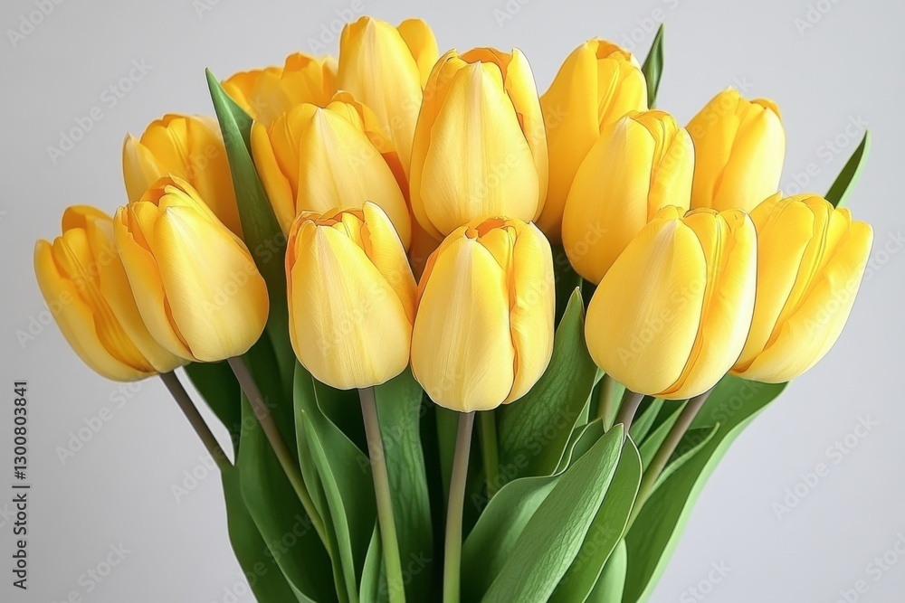 Bright yellow tulips arranged in a stunning bouquet showcasing their vibrant petals and lush green leaves in a soft, neutral backdrop Bright yellow tulips arranged in a stunning bouquet showcasing their vibrant petals and lush green leaves in a soft, neutral backdrop
