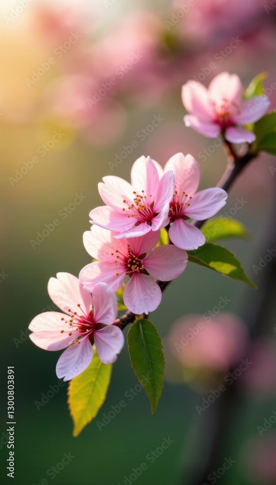 Delicate pink blossoms on a tree, soft light, vibrant green leaves, bloom, springtime Delicate pink blossoms on a tree, soft light, vibrant green leaves, bloom, springtime