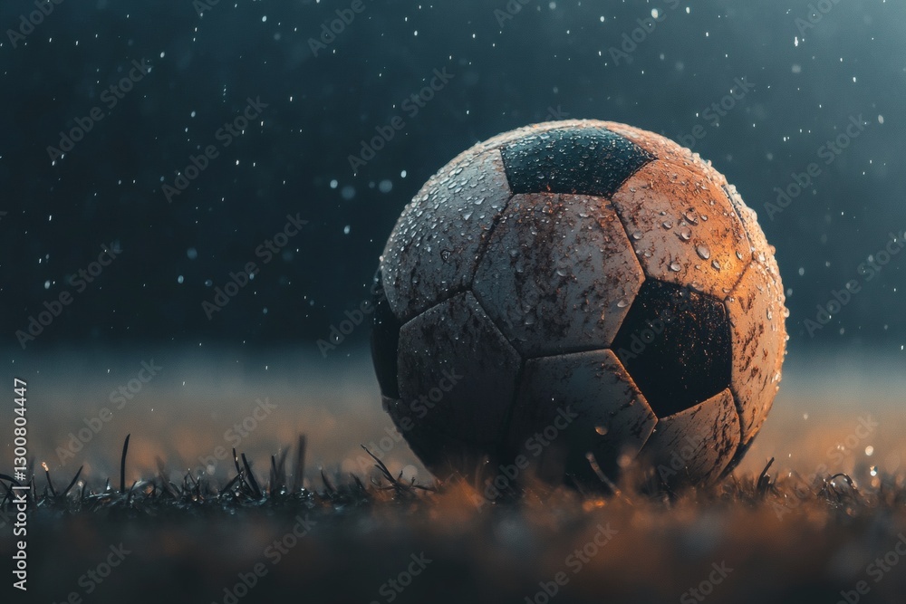 Fototapeta premium Rain-soaked soccer ball gleaming under muted lights. Generative AI