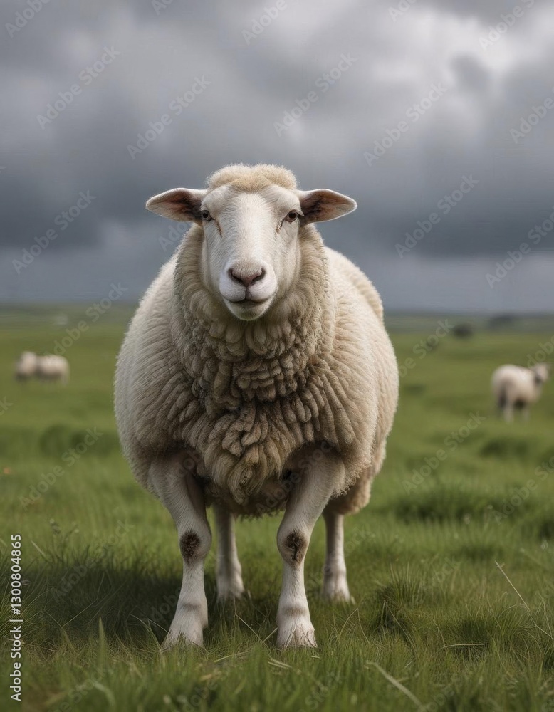 Sheep standing alone in a field under gray sky, sheep, countryside Sheep standing alone in a field under gray sky, sheep, countryside