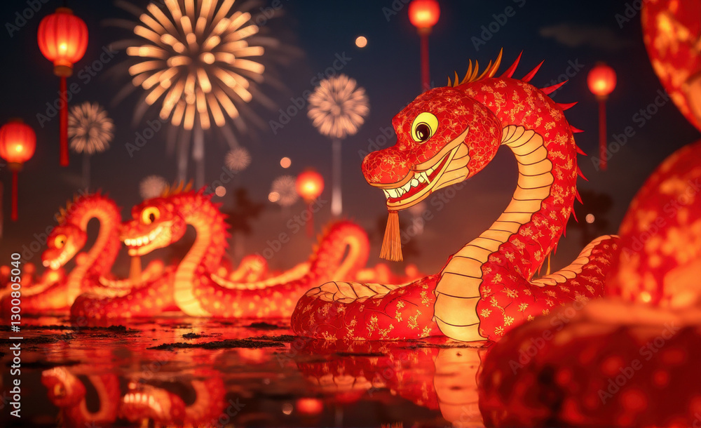 Obraz premium serpent-shaped chinese lanterns glowing in a nighttime festival