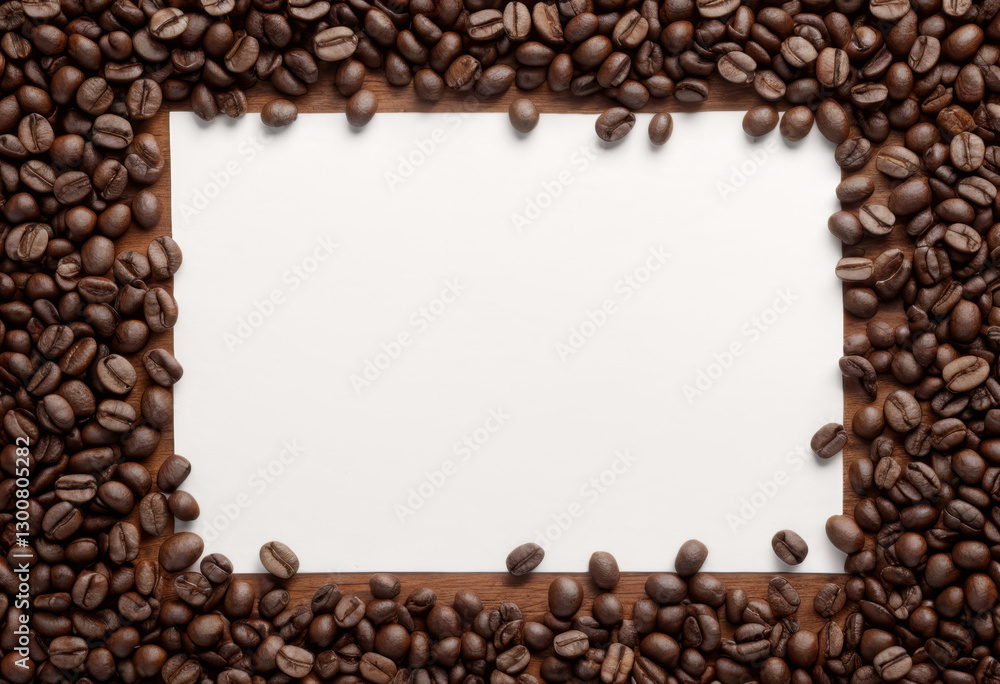 Directly above is the white paper on the table surrounded by roasted coffee beans Directly above is the white paper on the table surrounded by roasted coffee beans