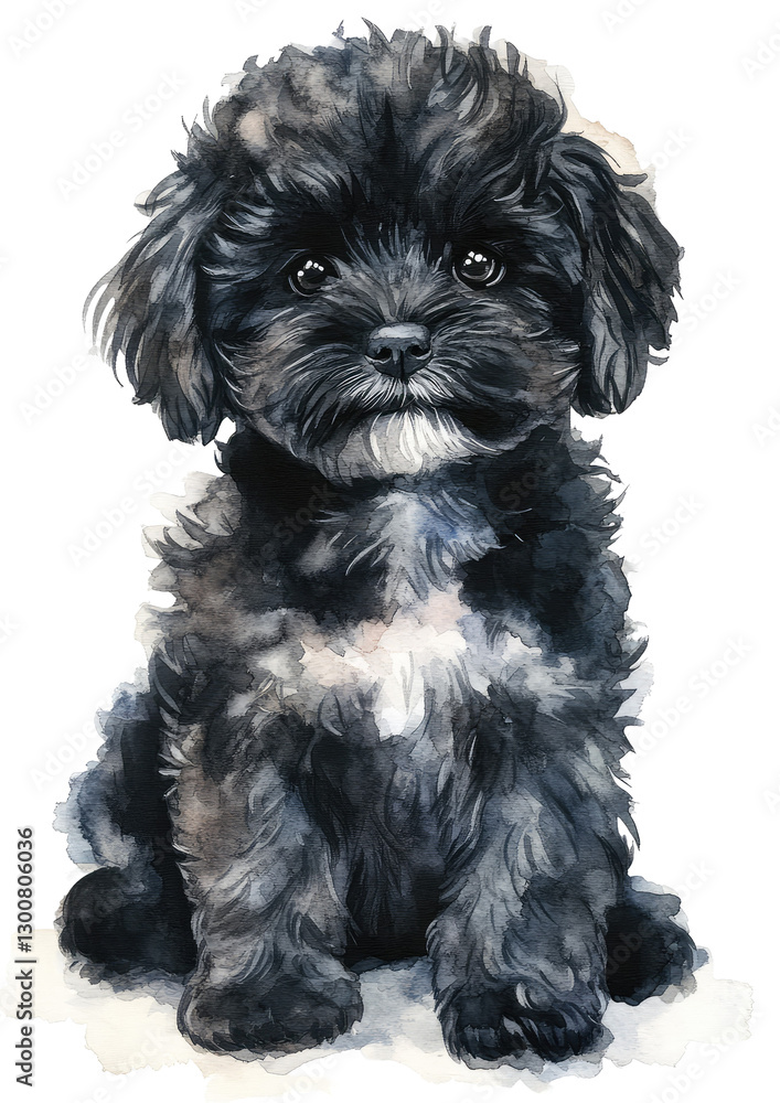 Fluffy Black Dog in Watercolor Art Style, Sitting Calmly with Charming Expression Fluffy Black Dog in Watercolor Art Style, Sitting Calmly with Charming Expression