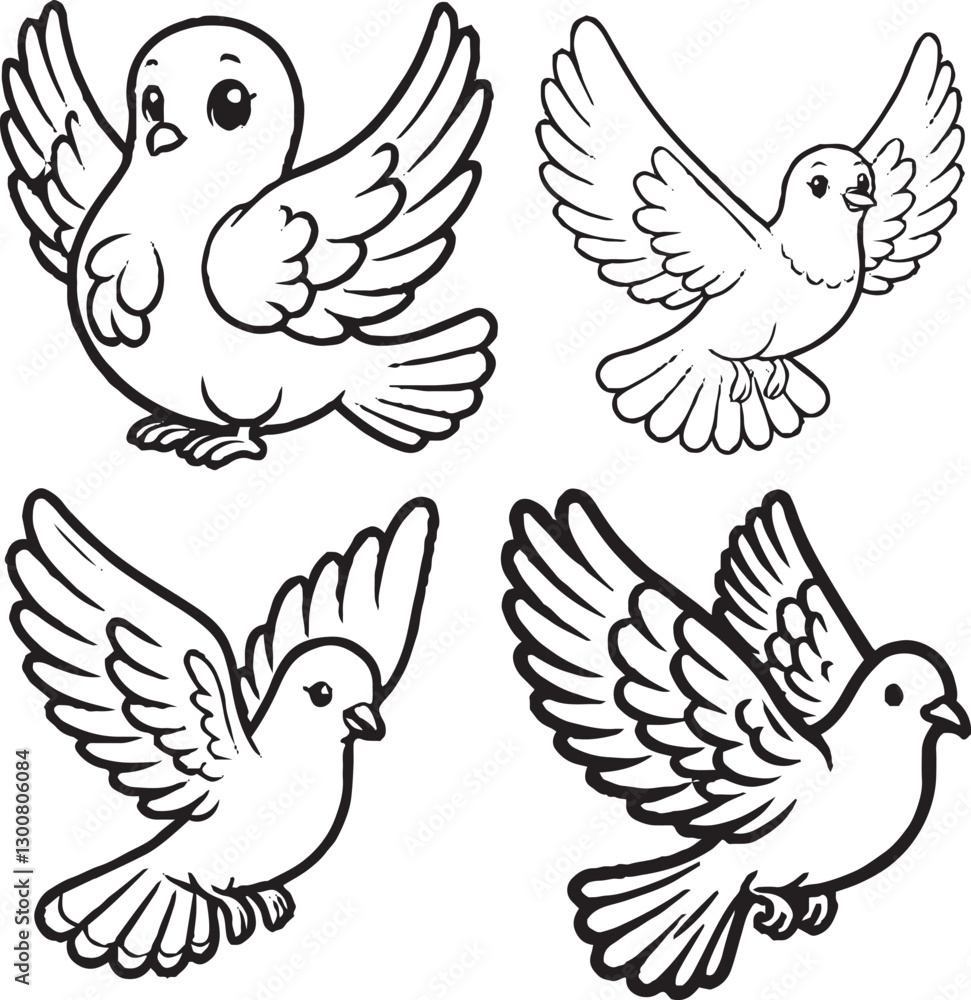 Obraz premium Charming Cartoon Dove Silhouettes - Black and White Avian Illustrations