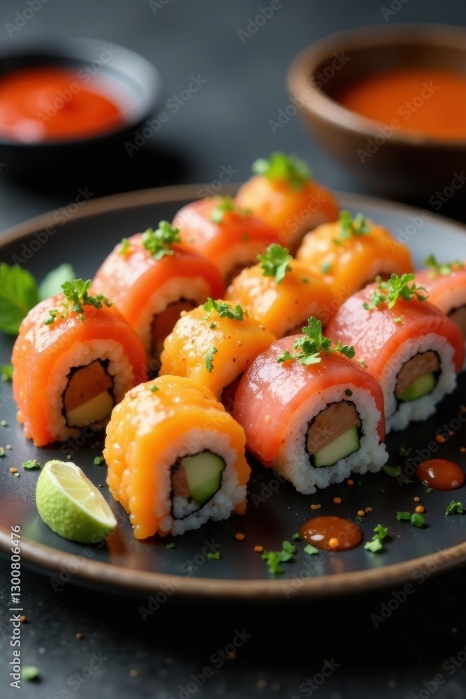 Modern sushi platter, artful arrangement, vibrant sauces, tasty, seaweed, plate Modern sushi platter, artful arrangement, vibrant sauces, tasty, seaweed, plate