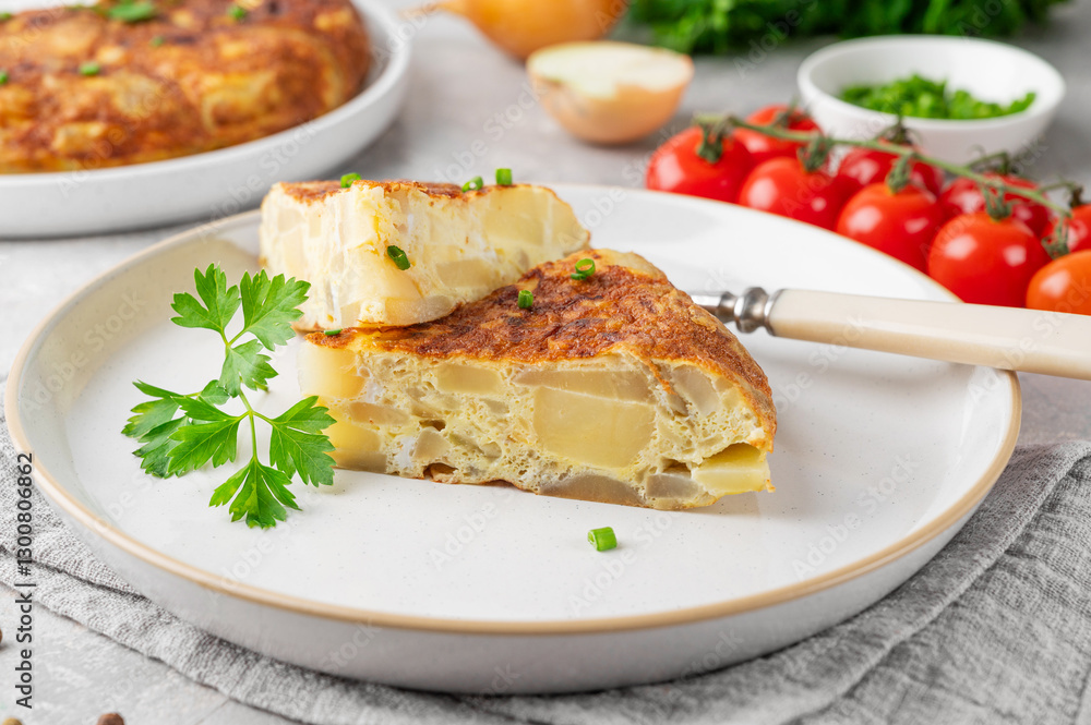 Spanish omelette tortilla with potatoes and onion on a stone background. Spanish cuisine. Top view. Spanish omelette tortilla with potatoes and onion on a stone background. Spanish cuisine. Top view.