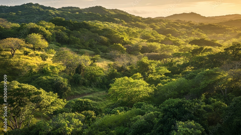 Fototapeta premium Sunlit verdant forest landscape with rolling hills and lush greenery at sunset
