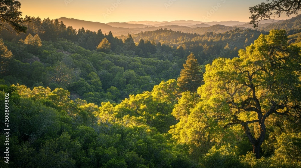Obraz premium Sunset over lush forest with rolling hills and distant mountains