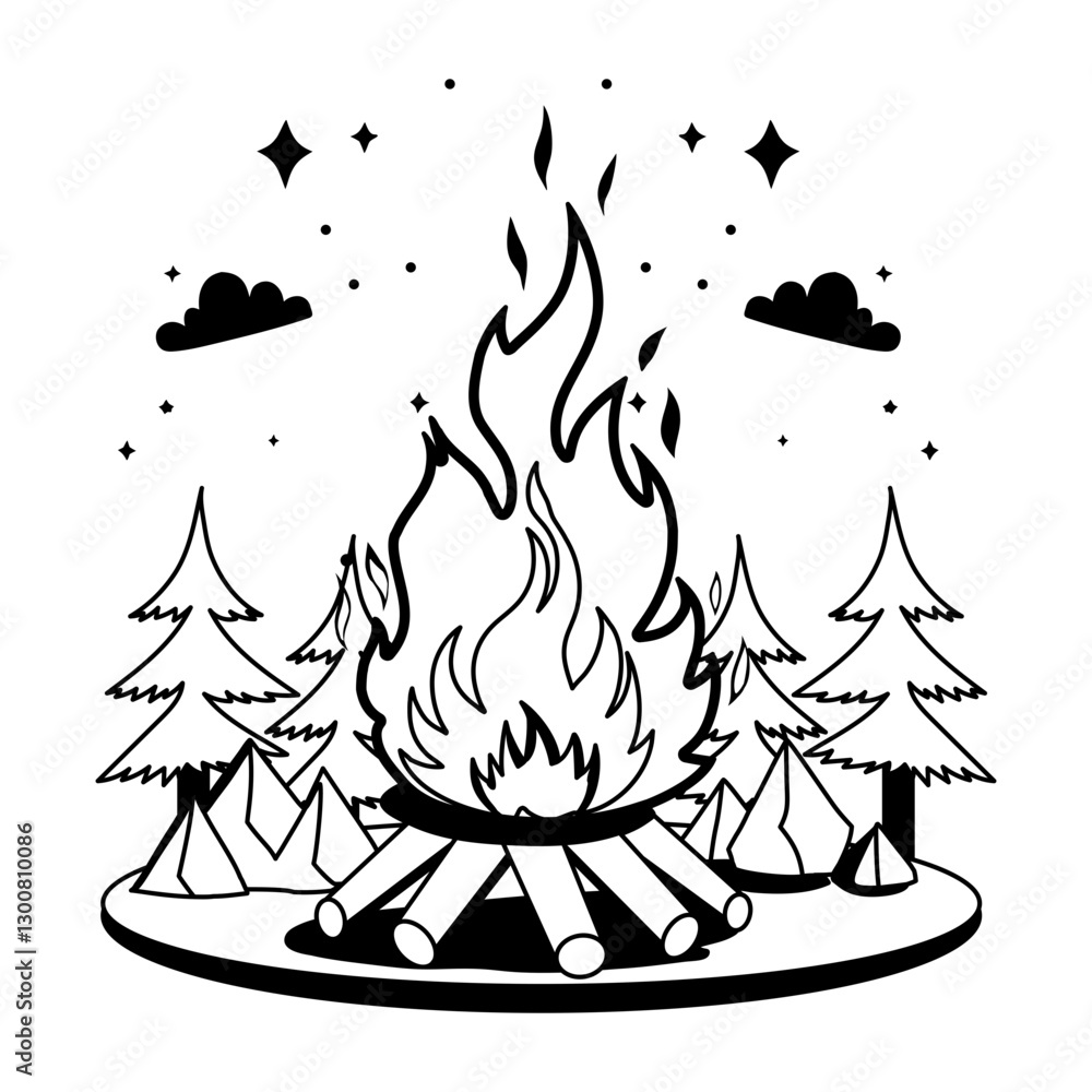 Εκτύπωση καμβά Glyph illustration of firewood under a starry night sky with a crescent moon