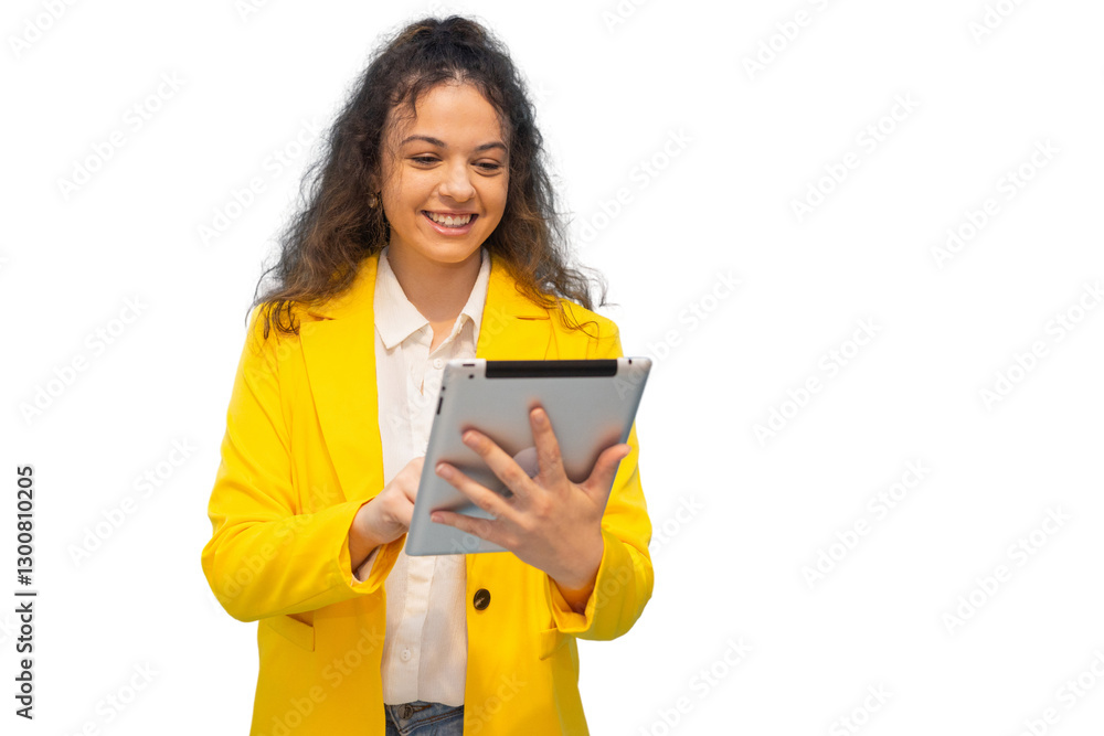 Smiling businesswoman using digital tablet with transparent background Smiling businesswoman using digital tablet with transparent background