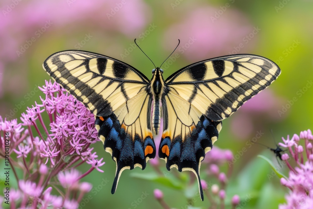 Eastern Tiger Swallowtail butterfly perched on pink flowers. Eastern Tiger Swallowtail butterfly perched on pink flowers.