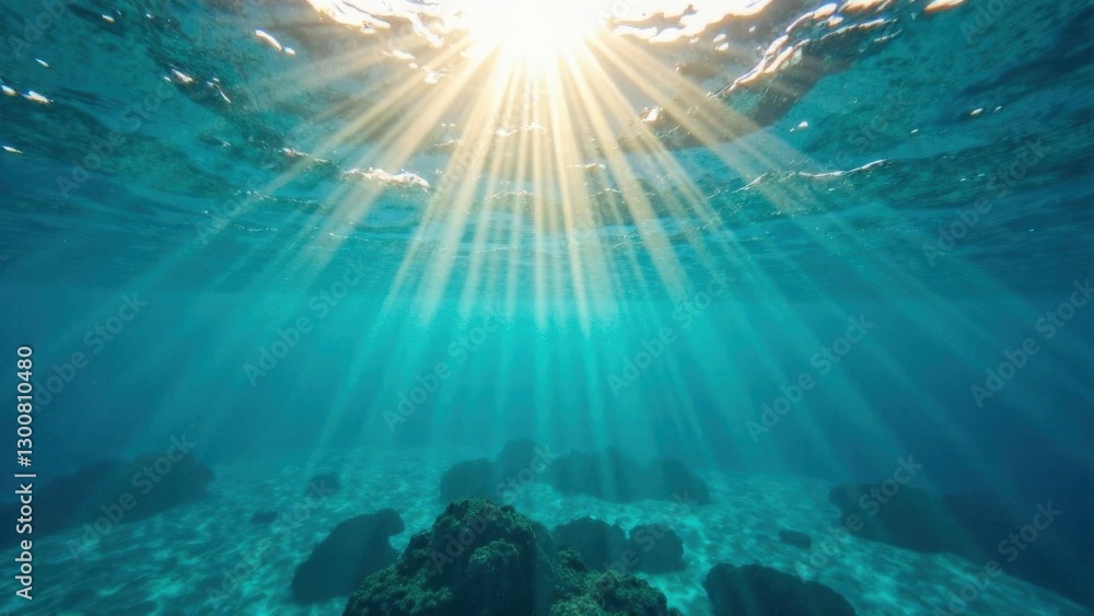 Fototapeta premium Sunlight piercing clear ocean water illuminating underwater rocks