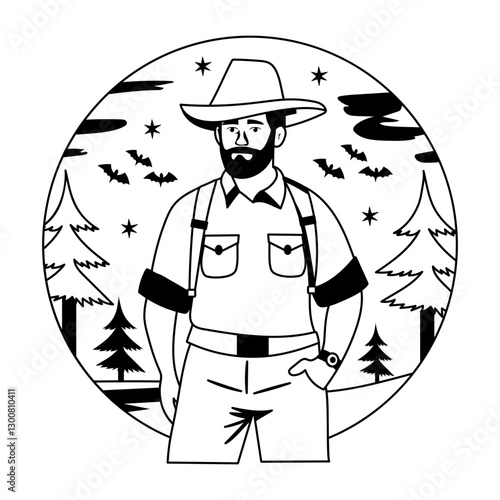 Reserve ranger standing in a forest, a glyph style illustration 