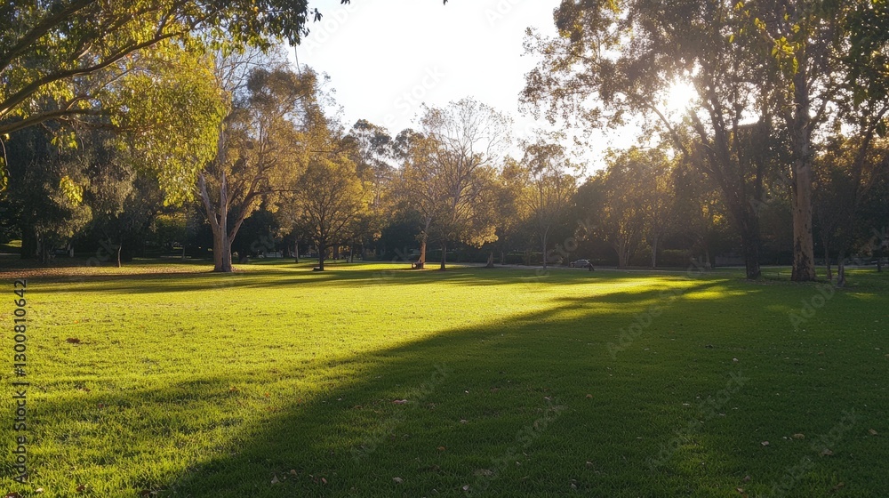 Fototapeta premium Sunny green park landscape with lush trees and shadows in early evening light