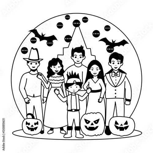 A glyph illustration of people wearing scary costumes depicting happy halloween festival 