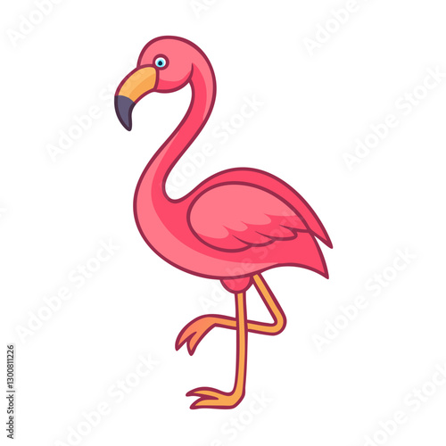 cheerful pink flamingo standing on one leg in cartoon style
