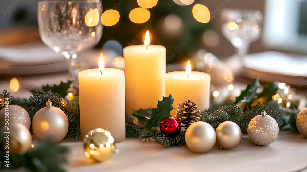 Cream colored candles with soft flames on the dining table, decorated with Christmas ornaments such as glass balls and holly leaves, Ai generated images. Cream colored candles with soft flames on the dining table, decorated with Christmas ornaments such as glass balls and holly leaves, Ai generated images.