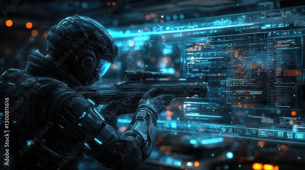 Futuristic soldier aiming rifle at digital screen. Futuristic soldier aiming rifle at digital screen.
