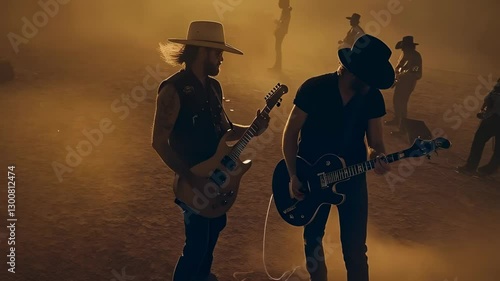 Strumming guitars under the golden glow of sunset at a remote desert location