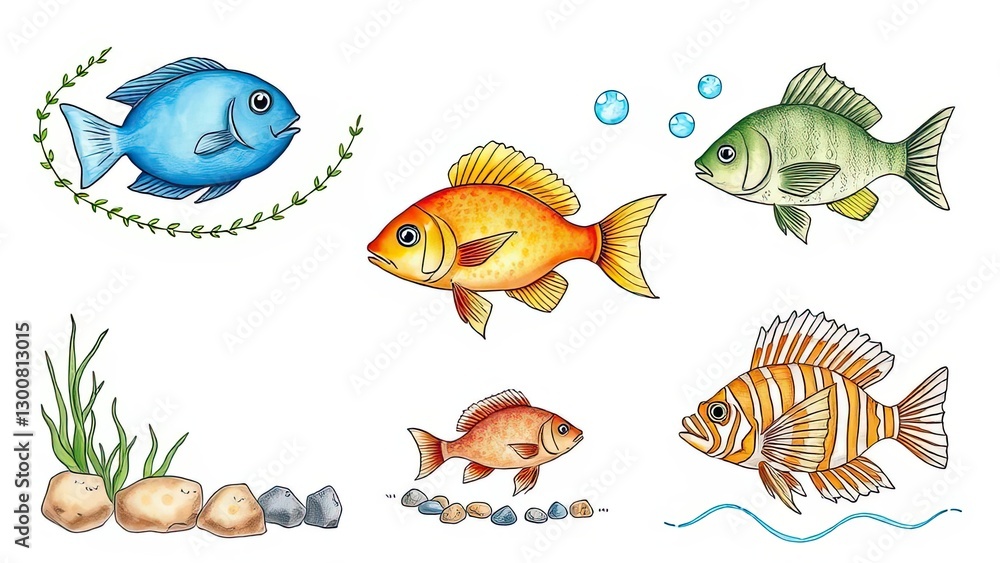 Fototapeta premium Colorful Fish Illustration Aquarium Underwater Marine Life Tropical Aquatic Hand Drawn Cartoon Cute