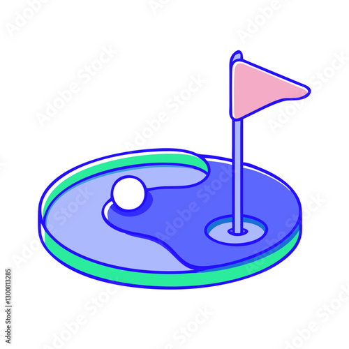 Miniature golf hole with flag and water feature