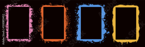 Stencil frame dirty texture rectangle border. Color border with spray effect and spot and urban graffiti style. Paint splash a borders with drips