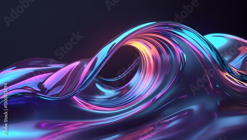 Abstract liquid glass holographic iridescent neon curved wave in motion dark background 3d render.