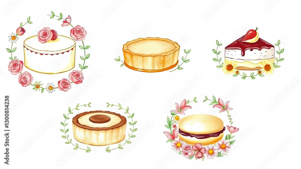 Delicious Cakes Pastries with Floral Wreaths Bakery Treats Illustration Delicious Cakes Pastries with Floral Wreaths Bakery Treats Illustration