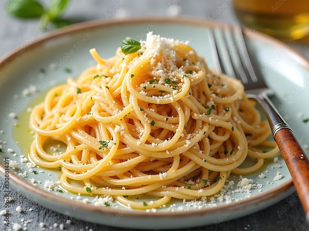 Delicious spaghetti with olive oil, garlic, and parmesan, presented on a pastel plate with a rustic wooden-handled fork. Delicious spaghetti with olive oil, garlic, and parmesan, presented on a pastel plate with a rustic wooden-handled fork.