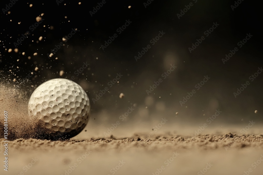 Golf ball rolling through sand on a sunny day. Generative AI Golf ball rolling through sand on a sunny day. Generative AI