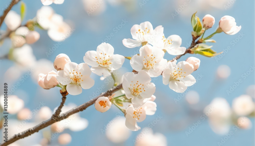 Delicate White Cherry Blossoms on Branch Against Blue Sky Delicate White Cherry Blossoms on Branch Against Blue Sky
