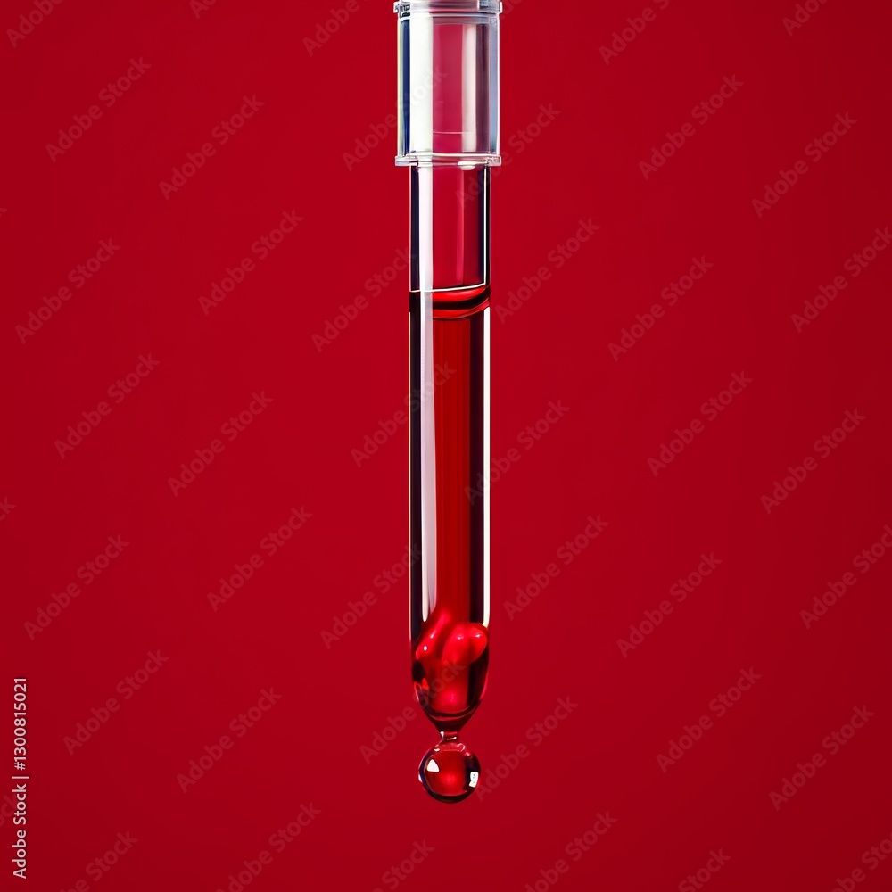 Red Liquid Droplet in Science Laboratory Experiment: Healthcare and Chemical Analysis Using Pipette and Laboratory Equipment Red Liquid Droplet in Science Laboratory Experiment: Healthcare and Chemical Analysis Using Pipette and Laboratory Equipment