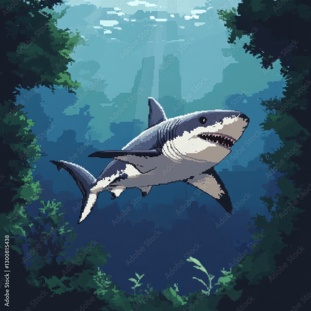 Fototapeta premium Great White Shark Swimming Underwater Ocean Depths