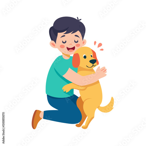 boy is hugging dog in joyful moment