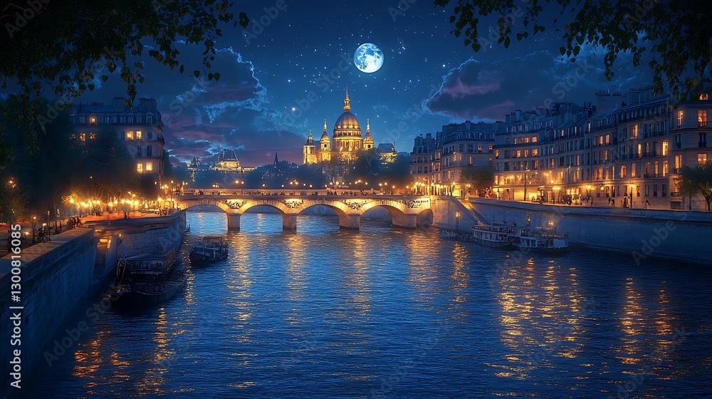 Obraz premium A serene hyper-realistic view of the Seine River at night, with soft moonlight reflecting on the calm water, Parisian bridges glowing softly, and streetlights casting warm hues along the embankments.