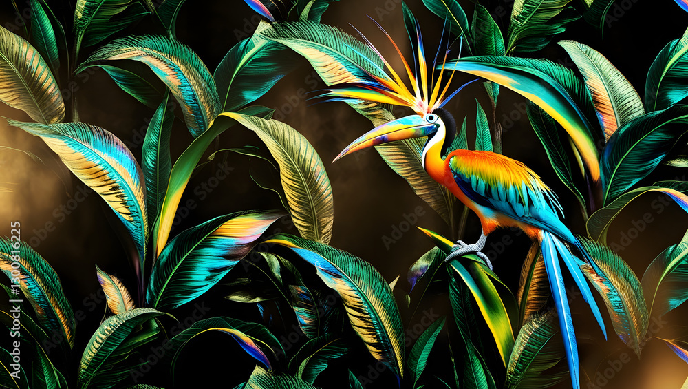 a dramatic, high-contrast cinematic photograph featuring a seamless pattern of intricate, emerald green tropical leaves with vibrant, iridescent blues and yellows, overlapping to create a sense of dep a dramatic, high-contrast cinematic photograph featuring a seamless pattern of intricate, emerald green tropical leaves with vibrant, iridescent blues and yellows, overlapping to create a sense of dep