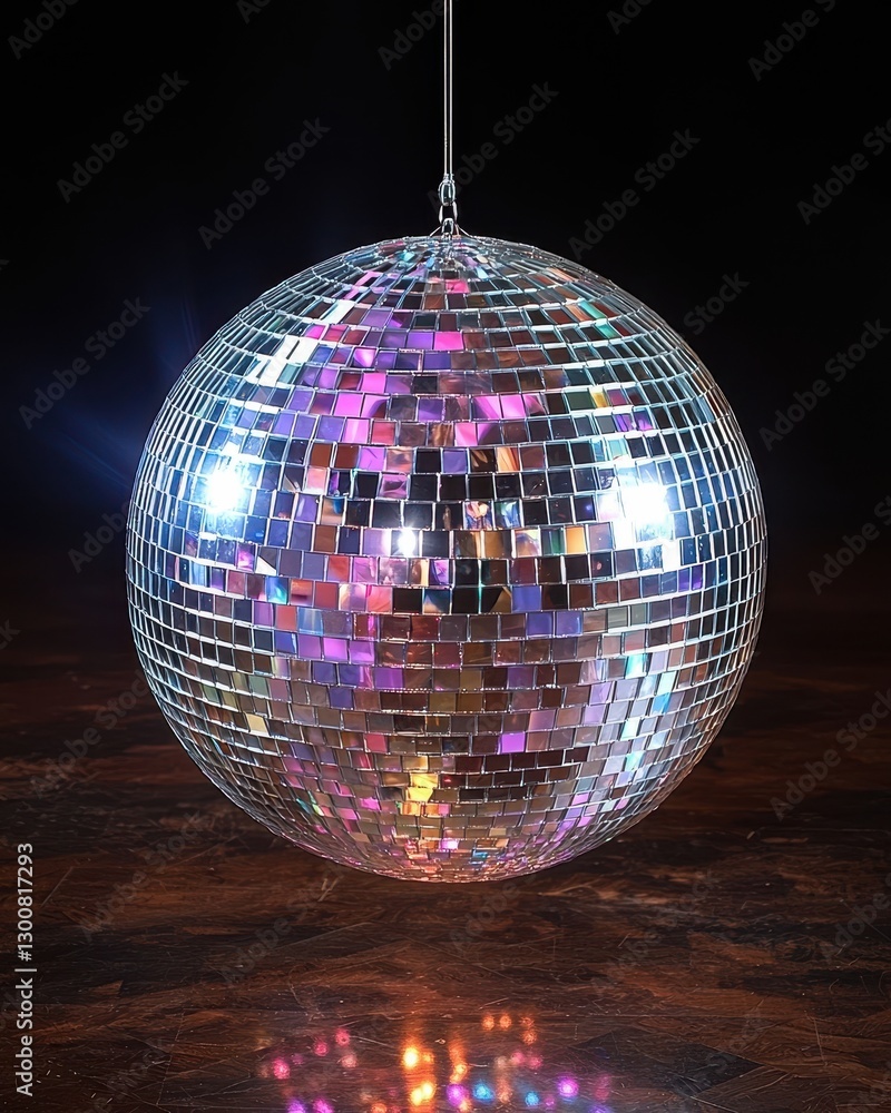 Obraz premium A close-up shot of a shimmering disco ball resting on a rustic wooden table, reflecting vibrant light patterns. The warm wood contrasts beautifully with the sparkling glass facets.