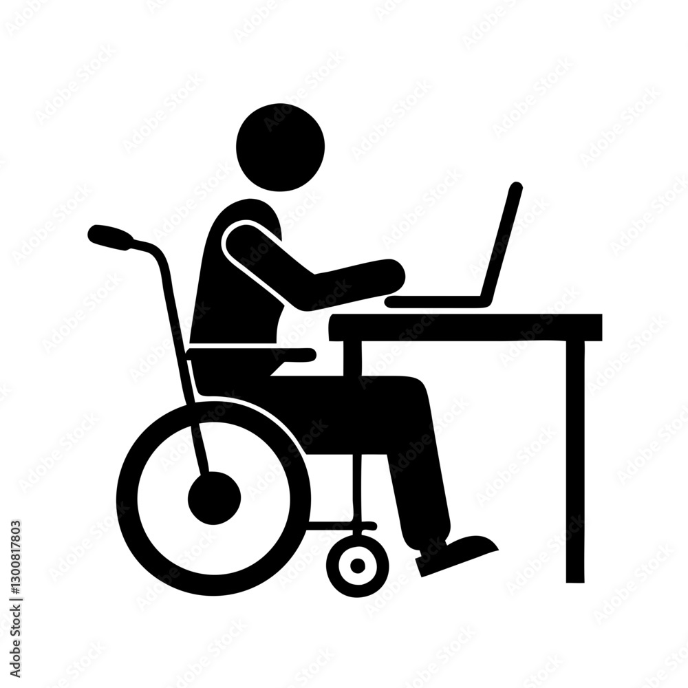 Fototapeta premium Man working on wheelchair at desk with laptop
