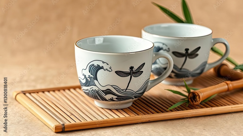 Japanese Tea Cups Dragonfly Wave Design Bamboo Tray Zen Calm Serenity Japanese Tea Cups Dragonfly Wave Design Bamboo Tray Zen Calm Serenity