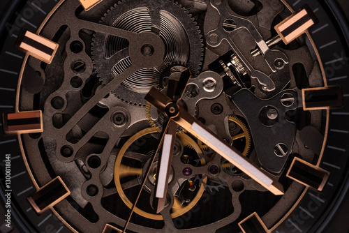 skeleton type mechanical wristwatch, close-up macro